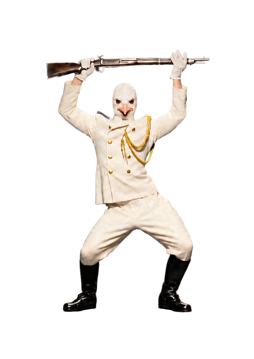 Bird-masked figure in white uniform hoisting a rifle — DoopiiDoo, Patternson
