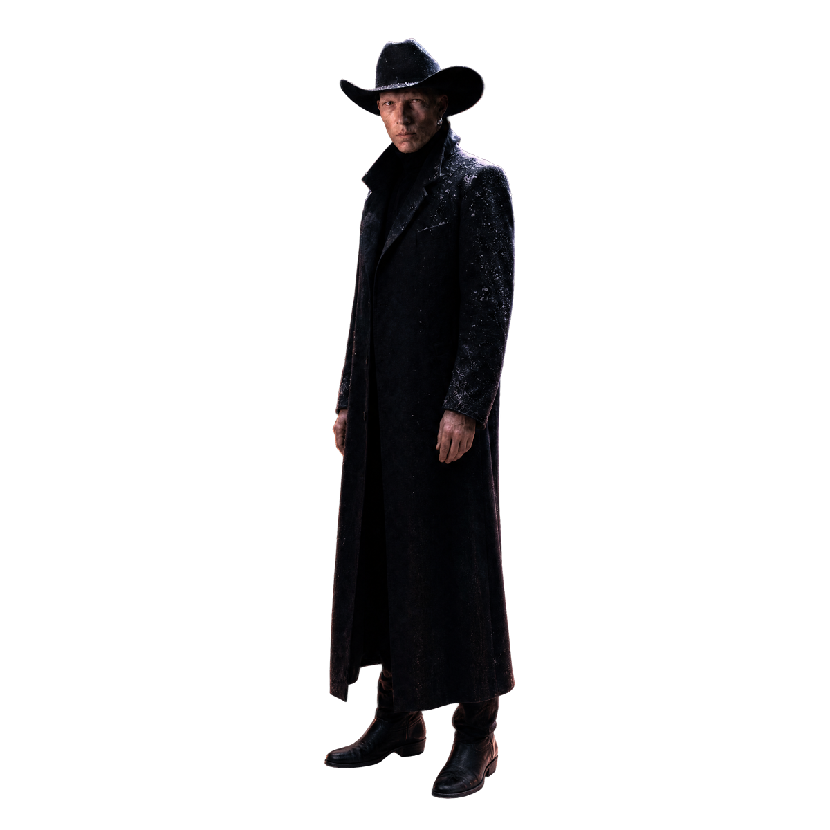 Cowboy in a dark coat and hat, dusted with snow — Infrarouge, Scoria