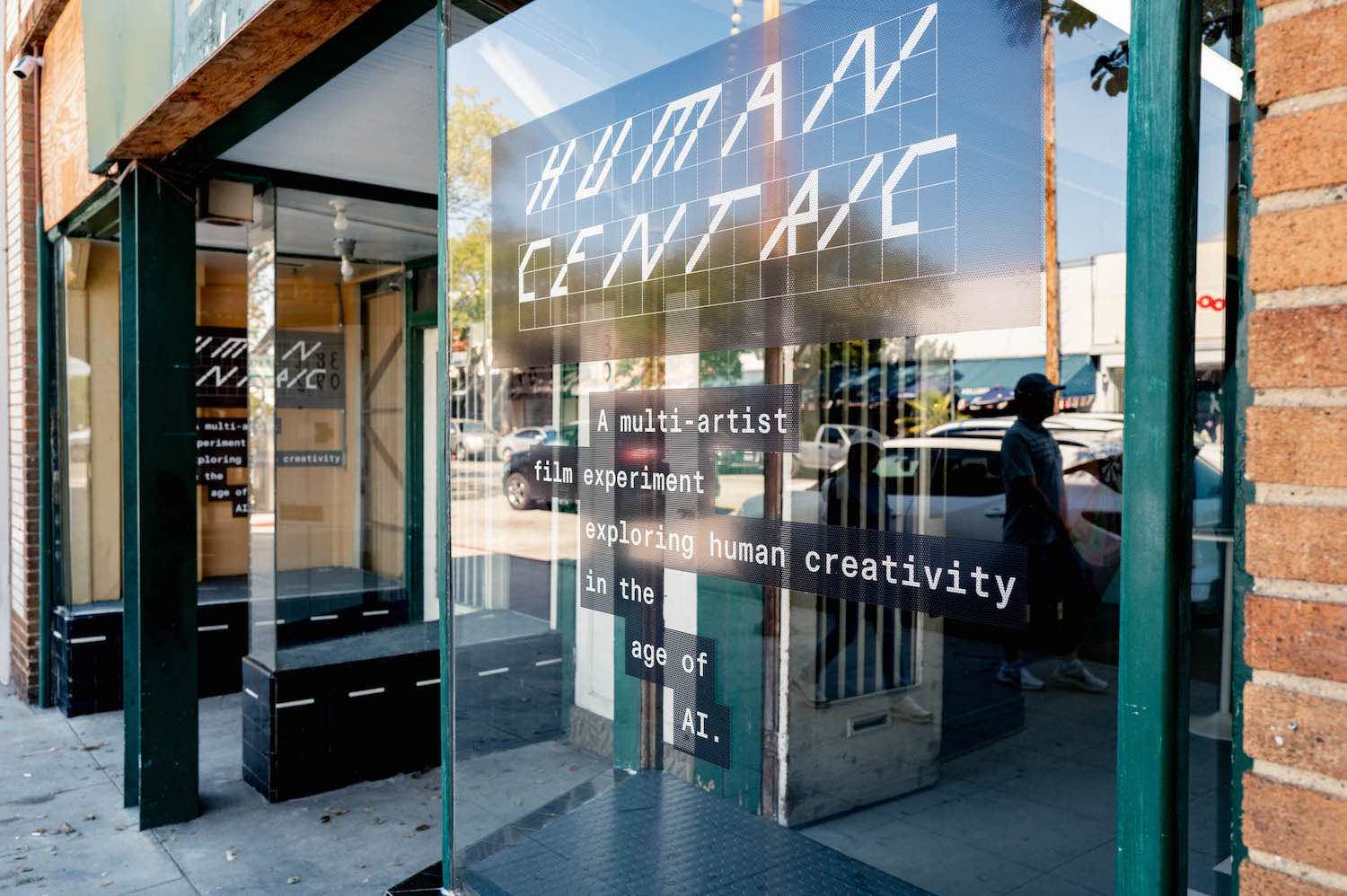 The gallery from the street, HUMANCENTRIC lettering across the glass