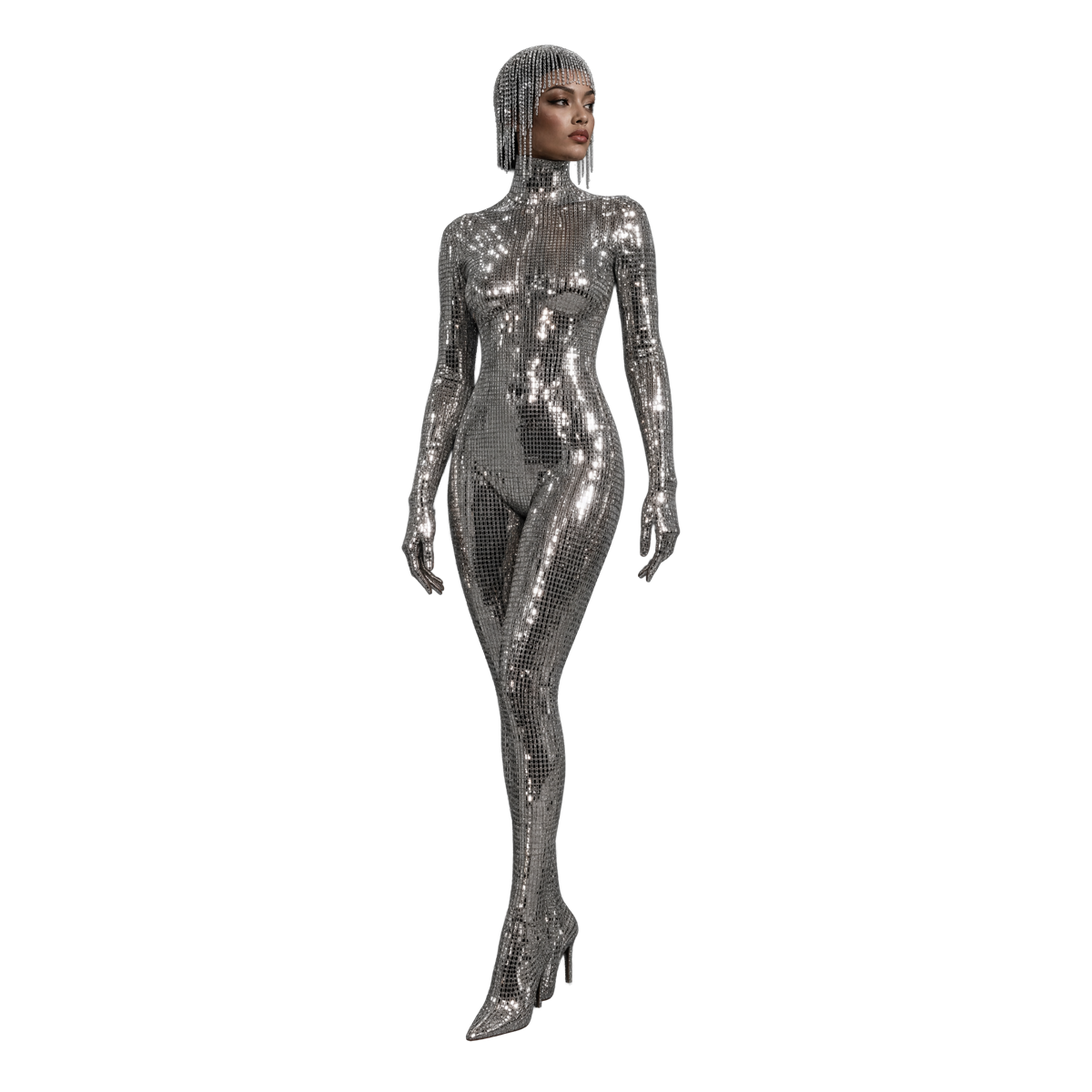 Woman in a full silver mirror-sequin bodysuit — MikeTeevee