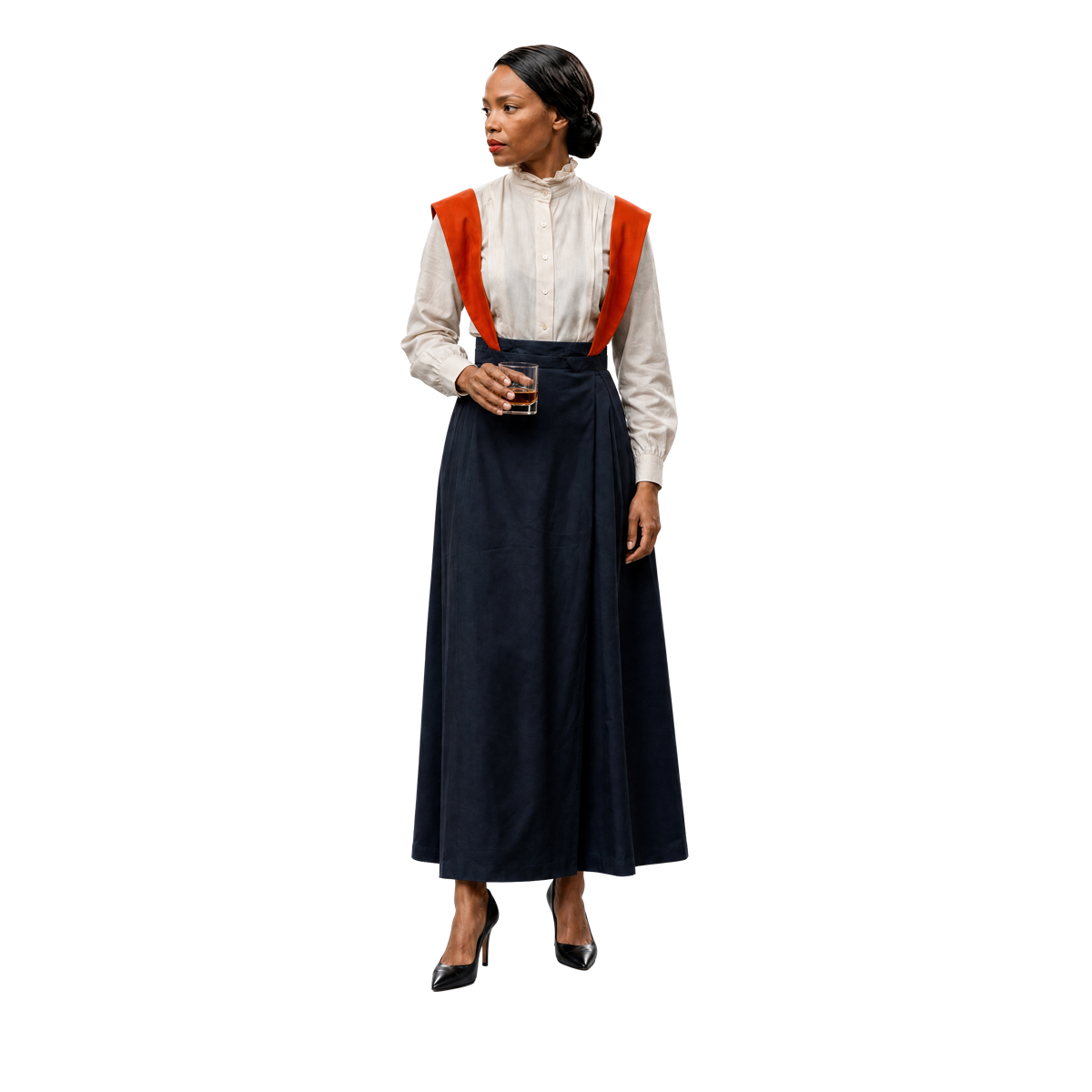Woman in a Victorian blouse and skirt holding a whiskey — Veronika Pell (MindEye), The Regular