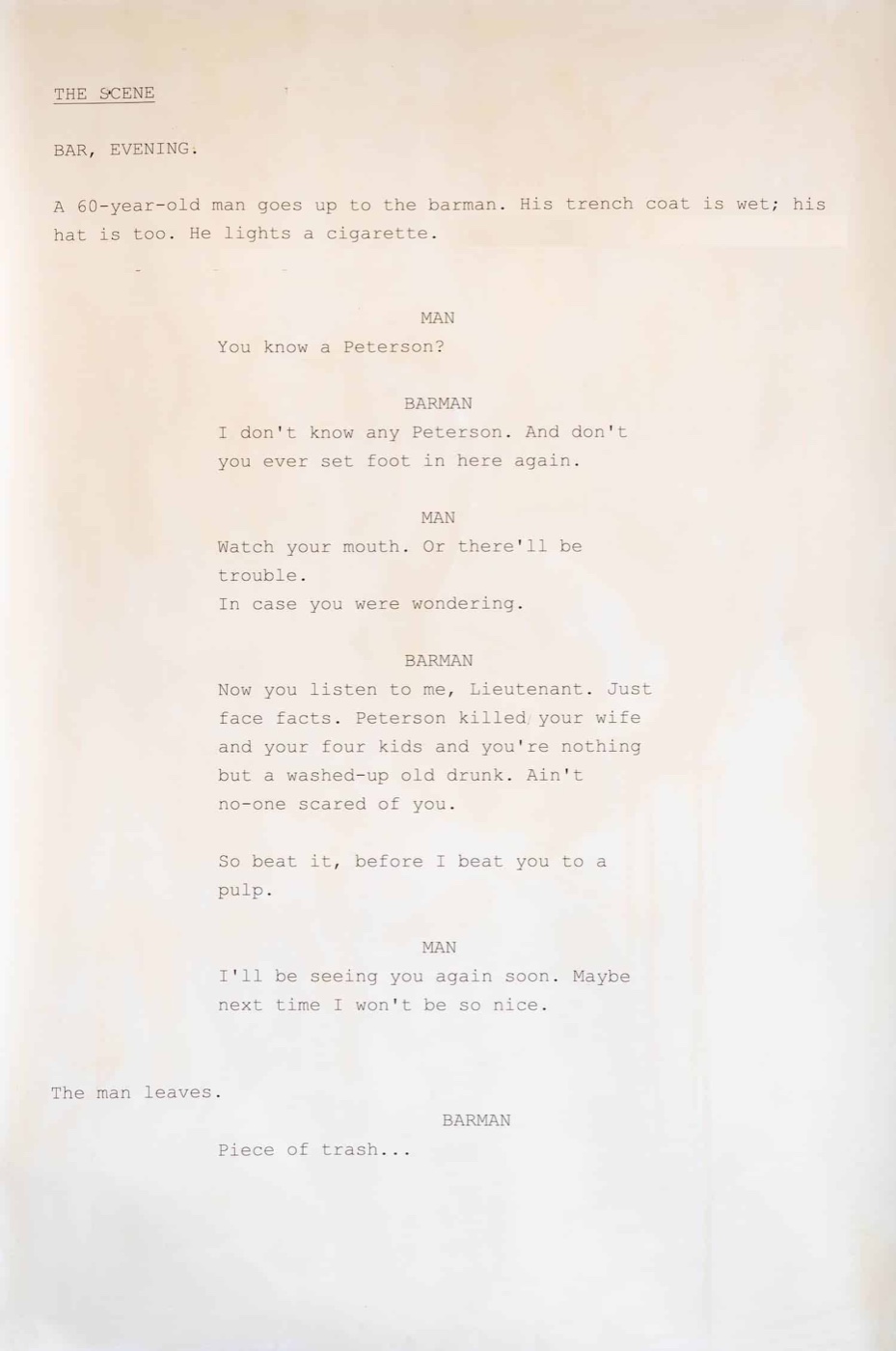 The typewritten script page for the scene, by Efthimis Filippou