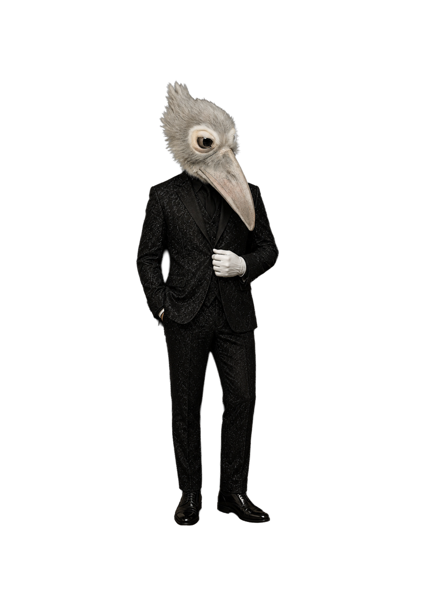 Bird-headed figure in a glitter suit — Szauder, Ladder